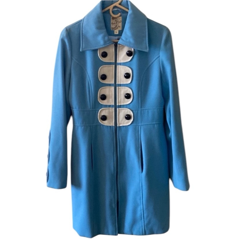 Robin Egg Blue Coat with zipper front closure.